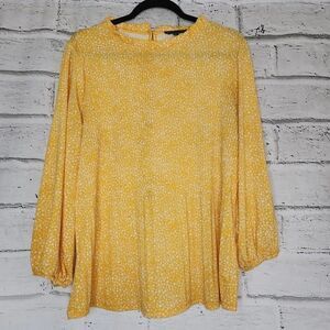Adrianna Papell Yellow Flowered Ruffled Collar Long-Sleeved Blouse Size Large